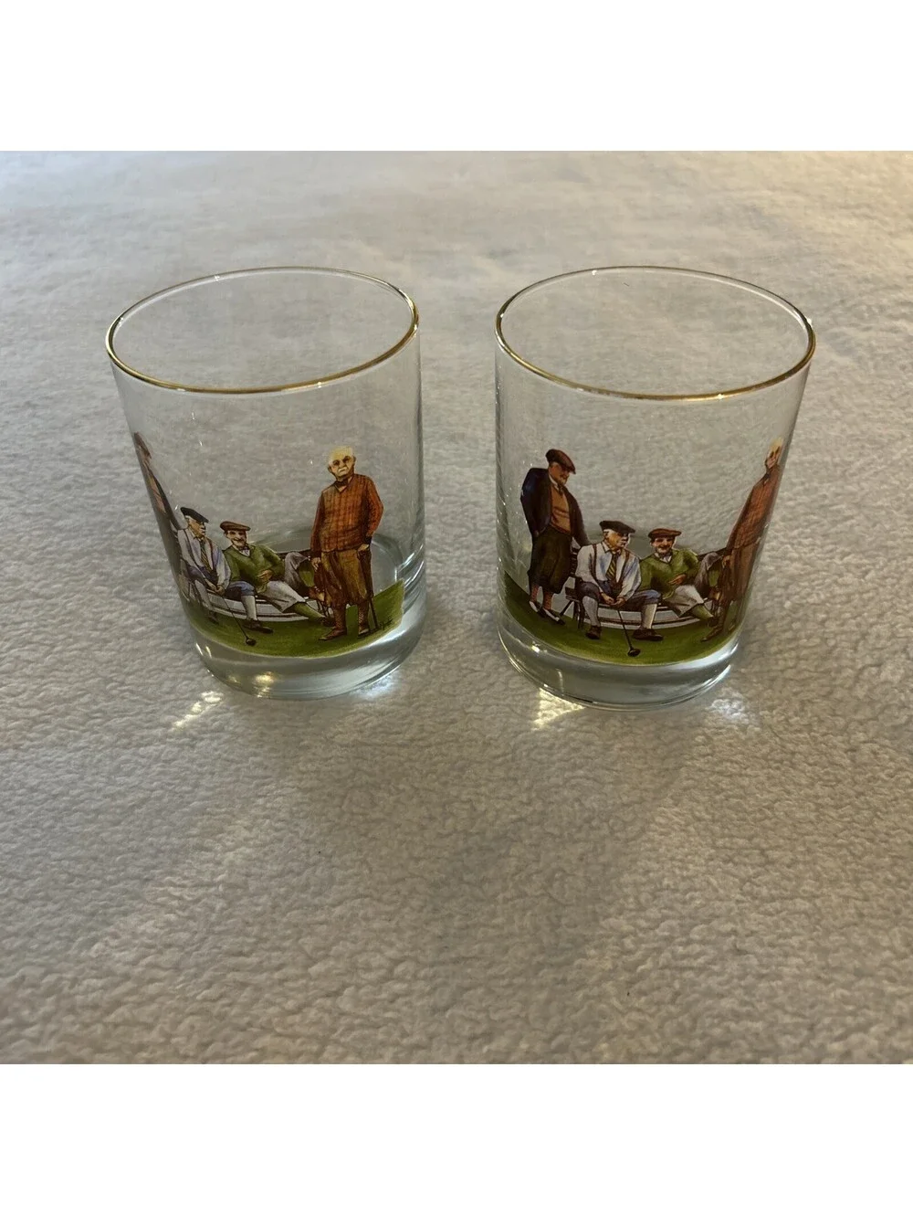Vintage Golfers On A Bench Whiskey Glasses (Set Of 2) Gold Rim